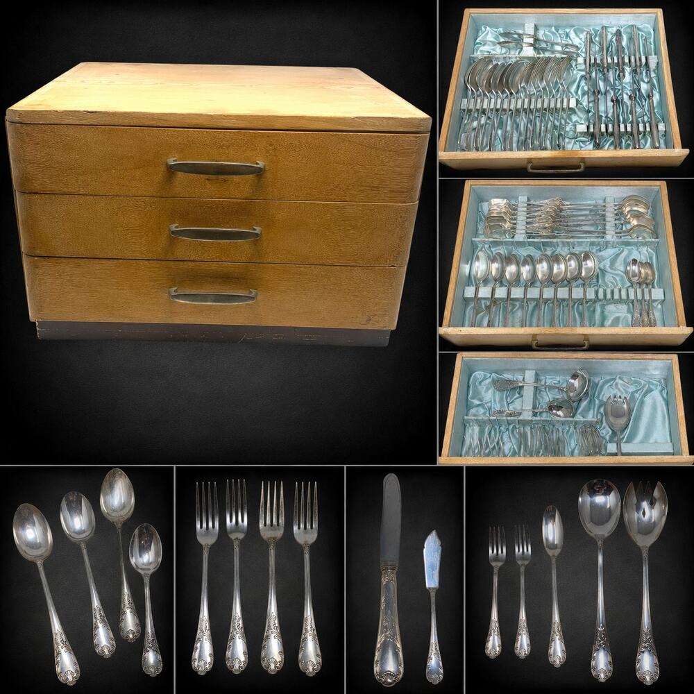 Vintage EPNS Silverplate Flatware Set 74 Pc w MCM Blonde Wood Chest Case